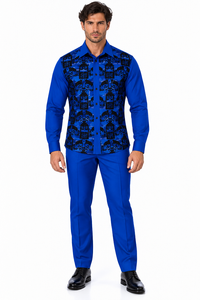 Mens Royal Blue & Black Patterned Walking Suit – Long Sleeve Shirt & Matching Pants Set