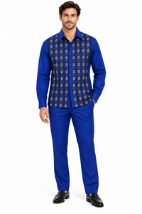 Mens Royal Blue Geometric Pattern Walking Suit – Long Sleeve Shirt & Matching Pants Set