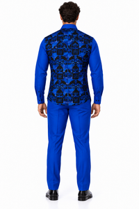 Mens Royal Blue & Black Patterned Walking Suit – Long Sleeve Shirt & Matching Pants Set