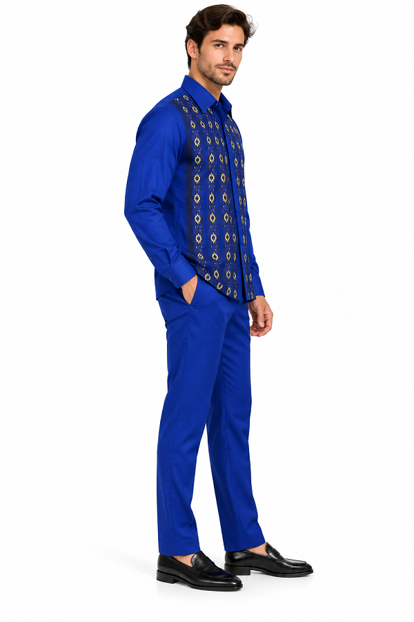 Mens Royal Blue Geometric Pattern Walking Suit – Long Sleeve Shirt & Matching Pants Set