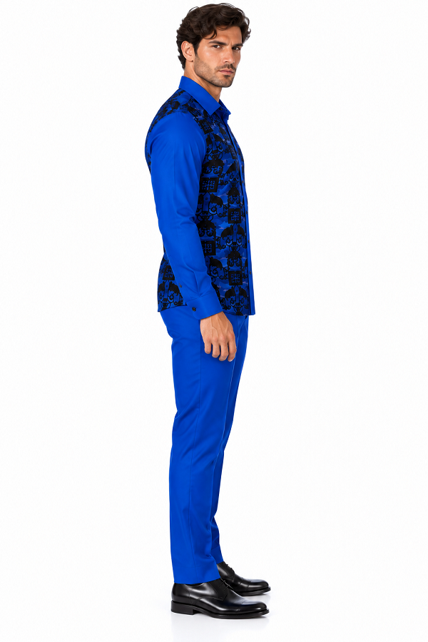 Mens Royal Blue & Black Patterned Walking Suit – Long Sleeve Shirt & Matching Pants Set