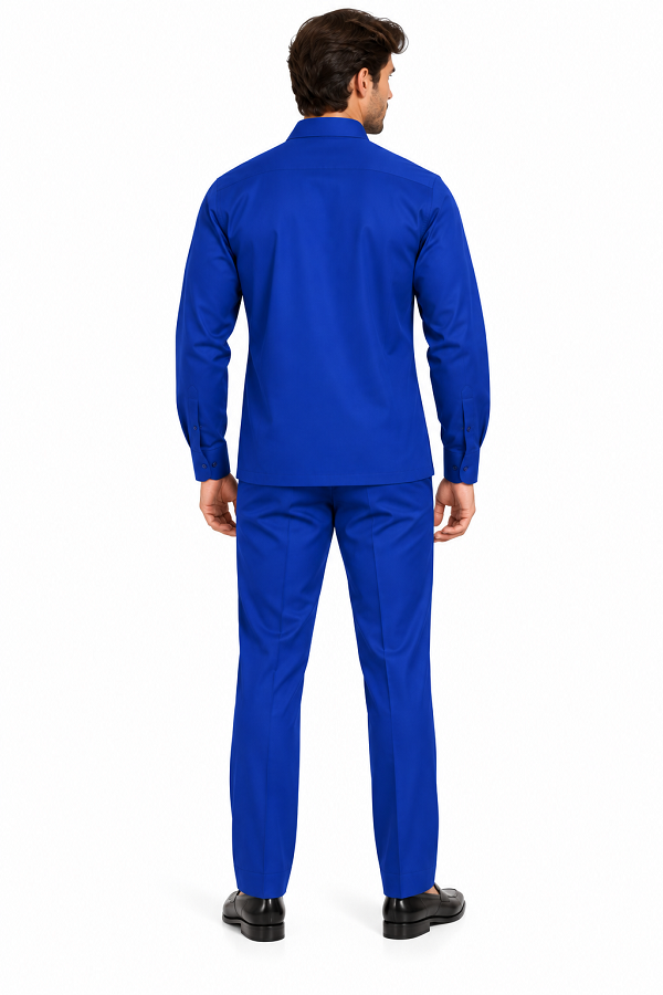 Mens Royal Blue Geometric Pattern Walking Suit – Long Sleeve Shirt & Matching Pants Set