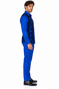 Mens Royal Blue & Black Patterned Walking Suit – Long Sleeve Shirt & Matching Pants Set