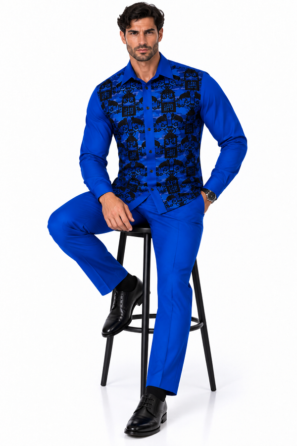 Mens Royal Blue & Black Patterned Walking Suit – Long Sleeve Shirt & Matching Pants Set