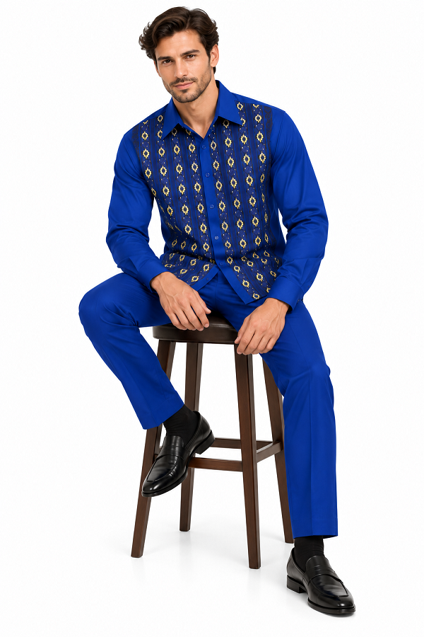 Mens Royal Blue Geometric Pattern Walking Suit – Long Sleeve Shirt & Matching Pants Set