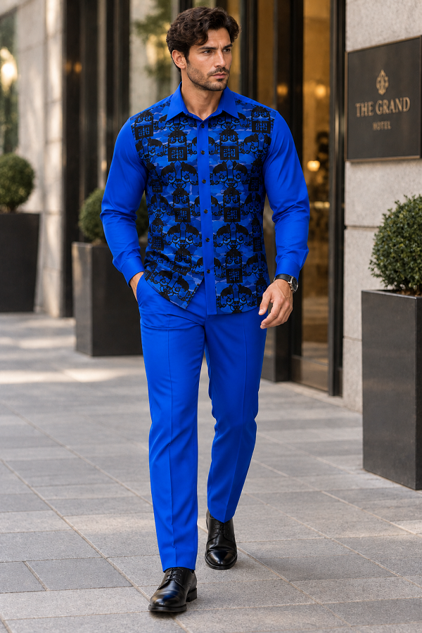 Mens Royal Blue & Black Patterned Walking Suit – Long Sleeve Shirt & Matching Pants Set