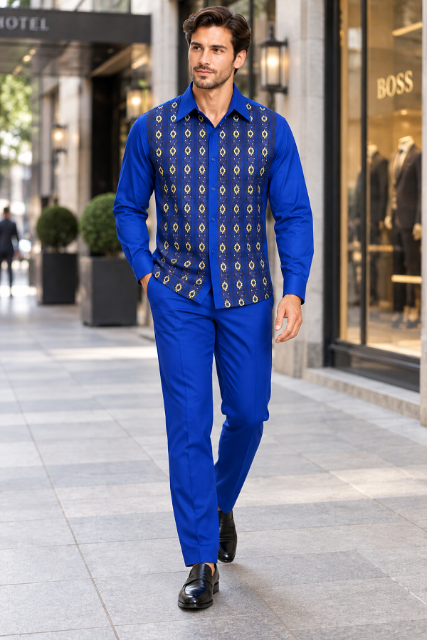 Mens Royal Blue Geometric Pattern Walking Suit – Long Sleeve Shirt & Matching Pants Set