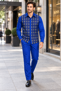 Mens Royal Blue Geometric Pattern Walking Suit – Long Sleeve Shirt & Matching Pants Set