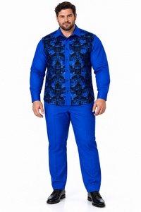 Mens Royal Blue & Black Patterned Walking Suit – Long Sleeve Shirt & Matching Pants Set