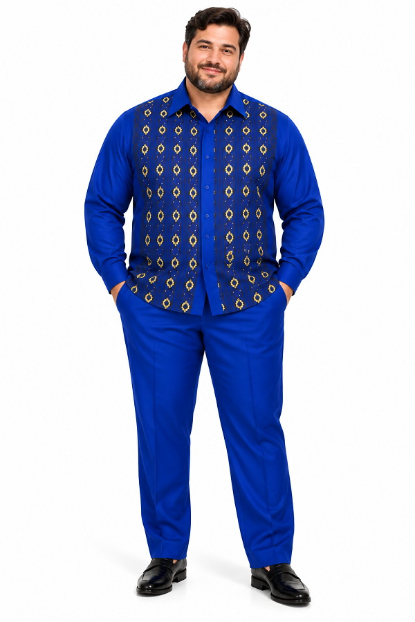 Mens Royal Blue Geometric Pattern Walking Suit – Long Sleeve Shirt & Matching Pants Set