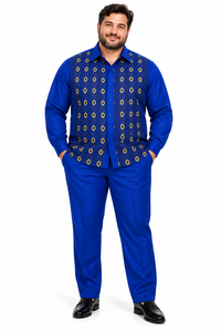 Mens Royal Blue Geometric Pattern Walking Suit – Long Sleeve Shirt & Matching Pants Set