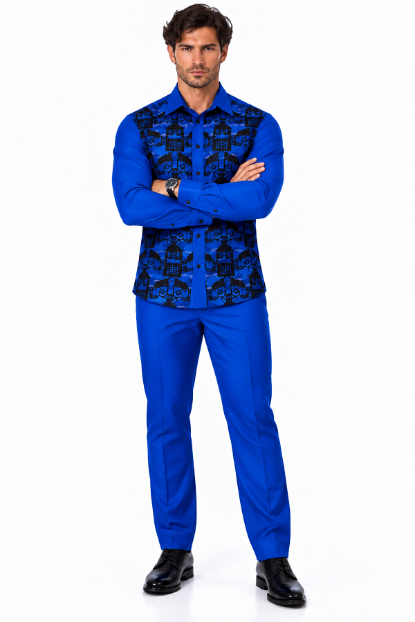 Mens Royal Blue & Black Patterned Walking Suit – Long Sleeve Shirt & Matching Pants Set