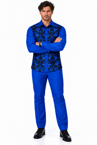 Mens Royal Blue & Black Patterned Walking Suit – Long Sleeve Shirt & Matching Pants Set