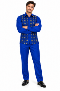 Mens Royal Blue Geometric Pattern Walking Suit – Long Sleeve Shirt & Matching Pants Set