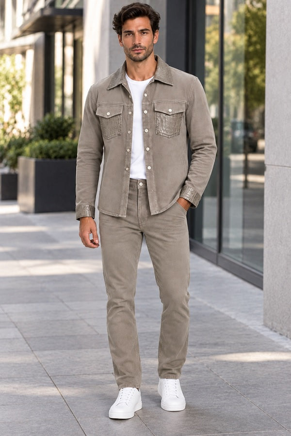 Mens Taupe Casual Dressy Walking Suit – Long Sleeve Shirt & Matching Pants Set