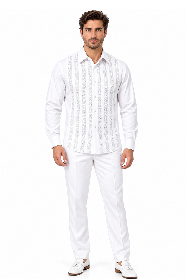 Men’s White Embroidered Walking Suit – Long Sleeve Shirt & Matching Pants Set