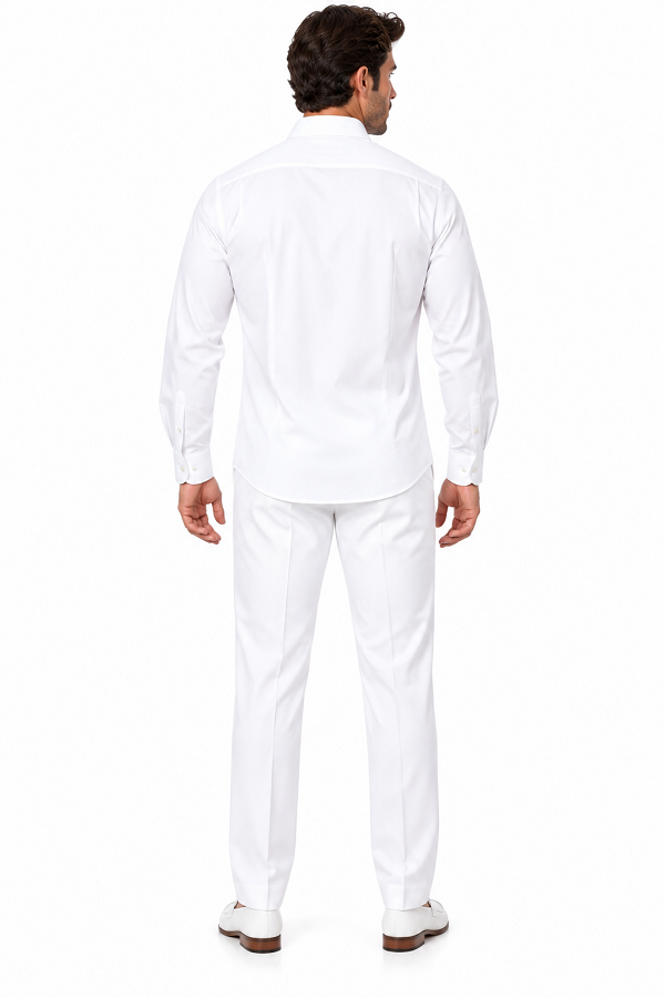 Men’s White Embroidered Walking Suit – Long Sleeve Shirt & Matching Pants Set