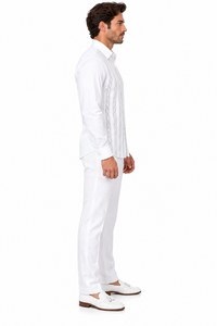 Men’s White Embroidered Walking Suit – Long Sleeve Shirt & Matching Pants Set