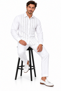 Men’s White Embroidered Walking Suit – Long Sleeve Shirt & Matching Pants Set