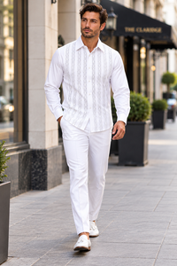 Men’s White Embroidered Walking Suit – Long Sleeve Shirt & Matching Pants Set
