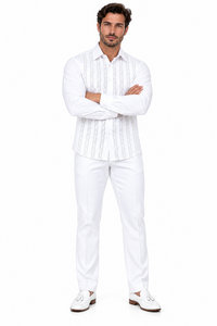 Men’s White Embroidered Walking Suit – Long Sleeve Shirt & Matching Pants Set