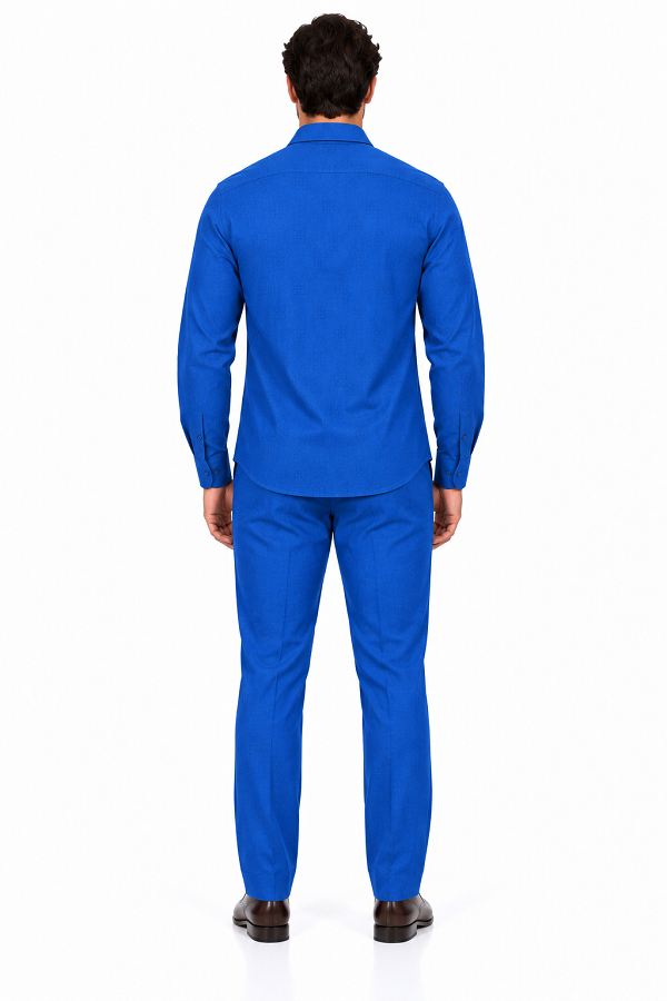 Mens Royal Blue Textured Walking Suit – Long Sleeve Shirt & Matching Pants Set