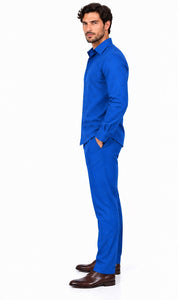 Mens Royal Blue Textured Walking Suit – Long Sleeve Shirt & Matching Pants Set