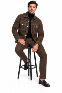 Mens Espresso Brown Heritage Walking Suit – Contrast Stitch Jacket & Matching Pants