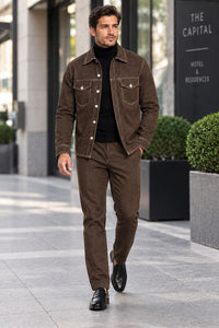 Mens Espresso Brown Heritage Walking Suit – Contrast Stitch Jacket & Matching Pants