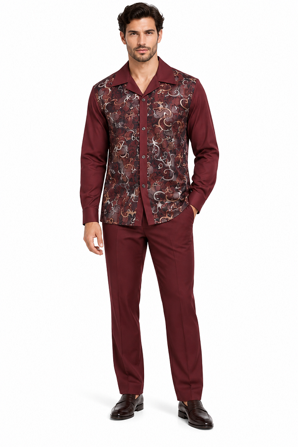 Mens Burgundy Paisley Panel Walking Suit – Long Sleeve Shirt & Matching Pants Set