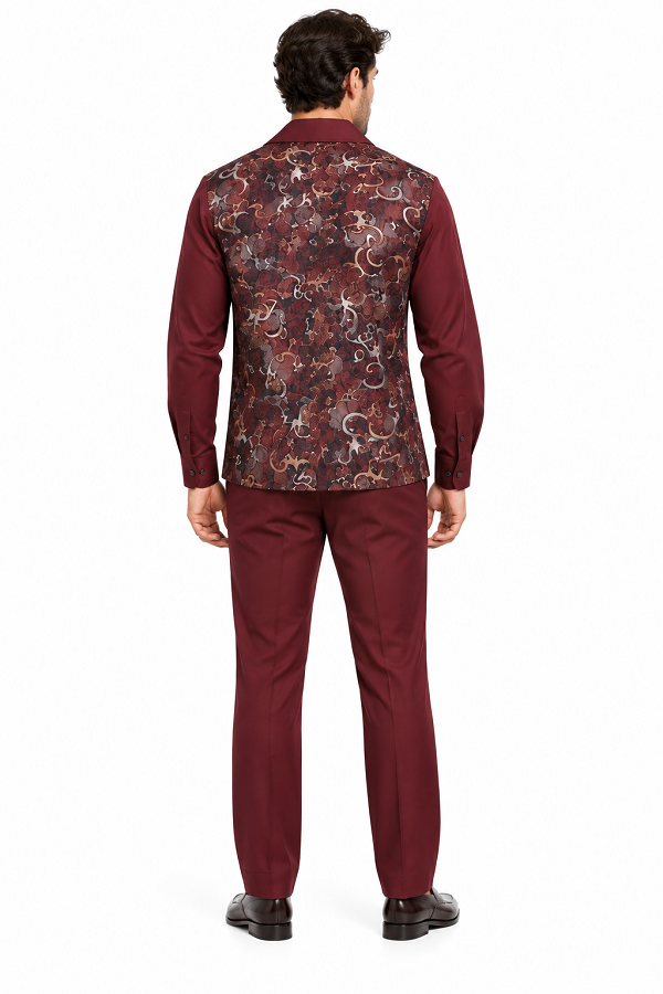 Mens Burgundy Paisley Panel Walking Suit – Long Sleeve Shirt & Matching Pants Set