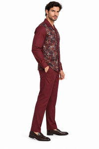 Mens Burgundy Paisley Panel Walking Suit – Long Sleeve Shirt & Matching Pants Set