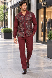 Mens Burgundy Paisley Panel Walking Suit – Long Sleeve Shirt & Matching Pants Set