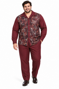 Mens Burgundy Paisley Panel Walking Suit – Long Sleeve Shirt & Matching Pants Set