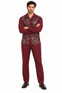 Mens Burgundy Paisley Panel Walking Suit – Long Sleeve Shirt & Matching Pants Set