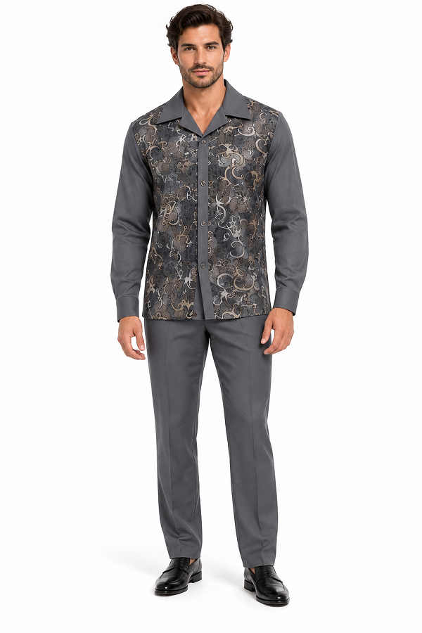 Mens Graphite Grey Paisley Elegance Walking Suit – Patterned Shirt & Matching Pants