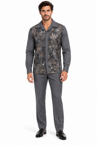 Mens Graphite Grey Paisley Elegance Walking Suit – Patterned Shirt & Matching Pants