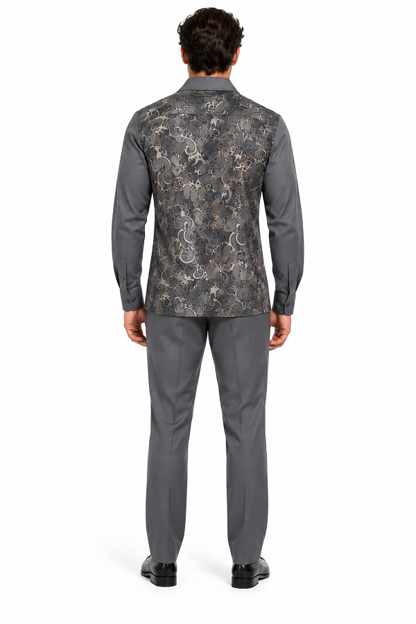 Mens Graphite Grey Paisley Elegance Walking Suit – Patterned Shirt & Matching Pants