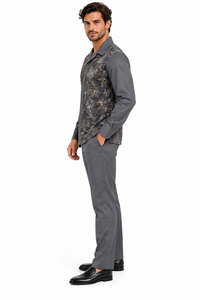 Mens Graphite Grey Paisley Elegance Walking Suit – Patterned Shirt & Matching Pants
