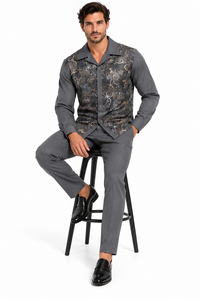 Mens Graphite Grey Paisley Elegance Walking Suit – Patterned Shirt & Matching Pants