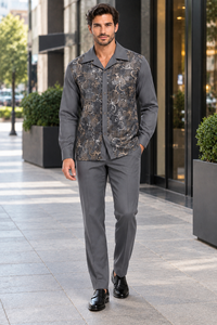 Mens Graphite Grey Paisley Elegance Walking Suit – Patterned Shirt & Matching Pants
