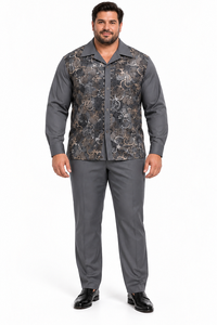 Mens Graphite Grey Paisley Elegance Walking Suit – Patterned Shirt & Matching Pants
