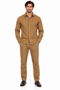 Mens Luggage Brown Textured Walking Suit – Long Sleeve Shirt & Matching Pants Set