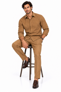 Mens Luggage Brown Textured Walking Suit – Long Sleeve Shirt & Matching Pants Set