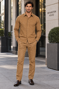 Mens Luggage Brown Textured Walking Suit – Long Sleeve Shirt & Matching Pants Set