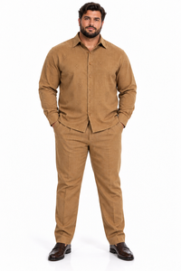 Mens Luggage Brown Textured Walking Suit – Long Sleeve Shirt & Matching Pants Set