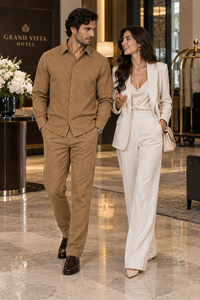 Mens Luggage Brown Textured Walking Suit – Long Sleeve Shirt & Matching Pants Set