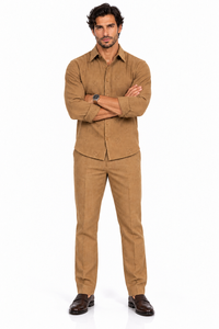 Mens Luggage Brown Textured Walking Suit – Long Sleeve Shirt & Matching Pants Set