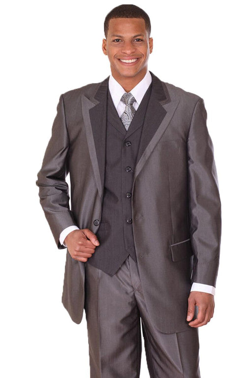 Mens Sharp Wide Peak Lapel Sharkskin 3-Button Vested Suit, Black - Fortino Landi - USA Men's Outlet