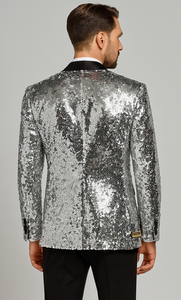 Shiny Silver Sequin Men’s Tuxedo Jacket – Satin Lapel Design